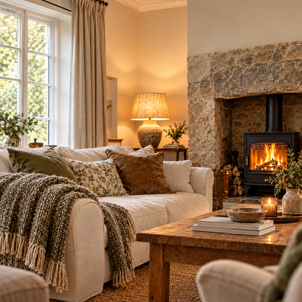 Cosy living room with wood stove